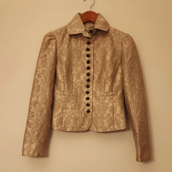 Carlisle gold damask jacquard brocade peplum blazer fit flare skirt suit - Picture 4 of 7